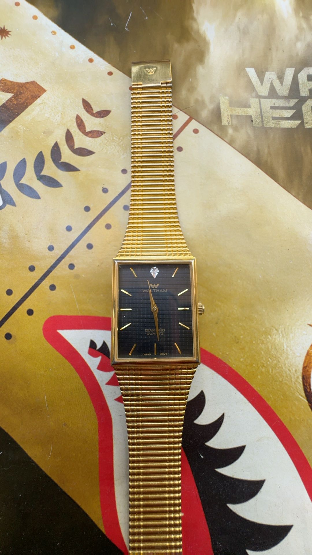 Waltham Diamond Quartz Watch Gold Tone Black Dial 23mm