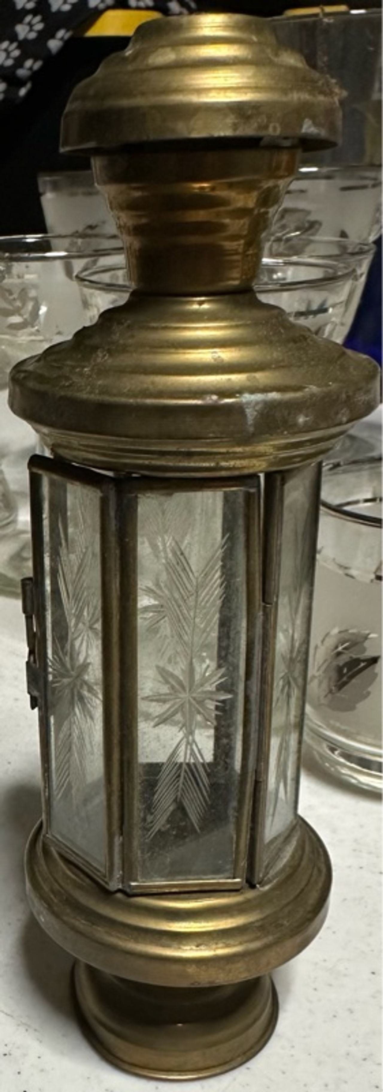 Antique Brass Candleholder Lantern with Etched Glass