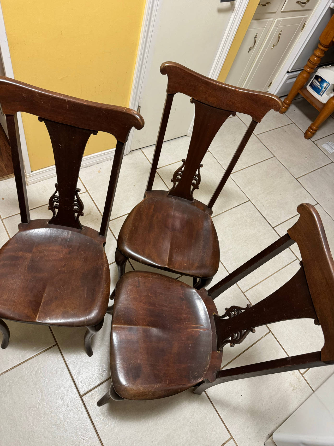 Antique T-Back Wood Dining Chairs - Set of 3
