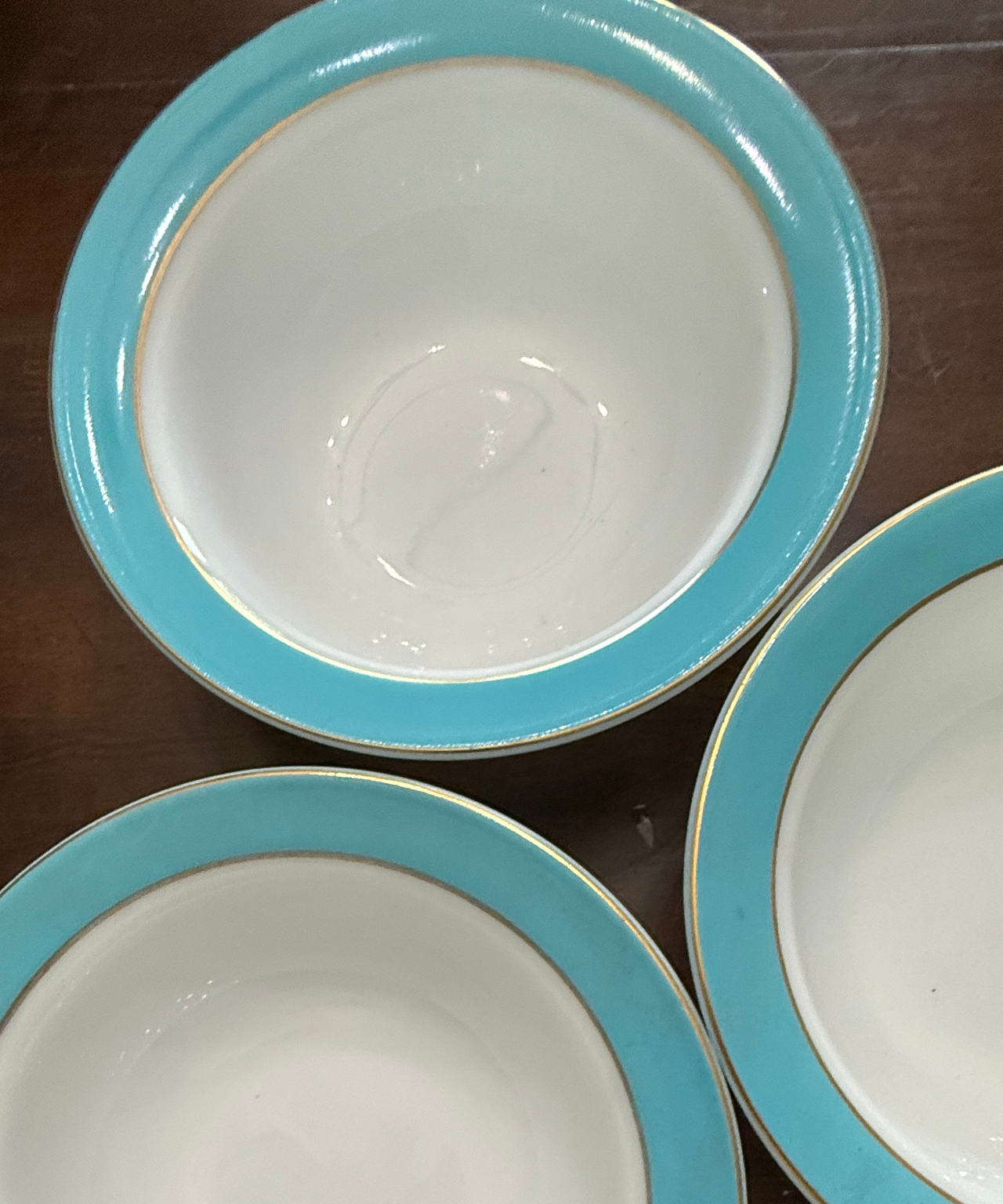 3- Vintage Pyrex Milkglass 9” Blue Gold Band Fruit/Dessert Bowls