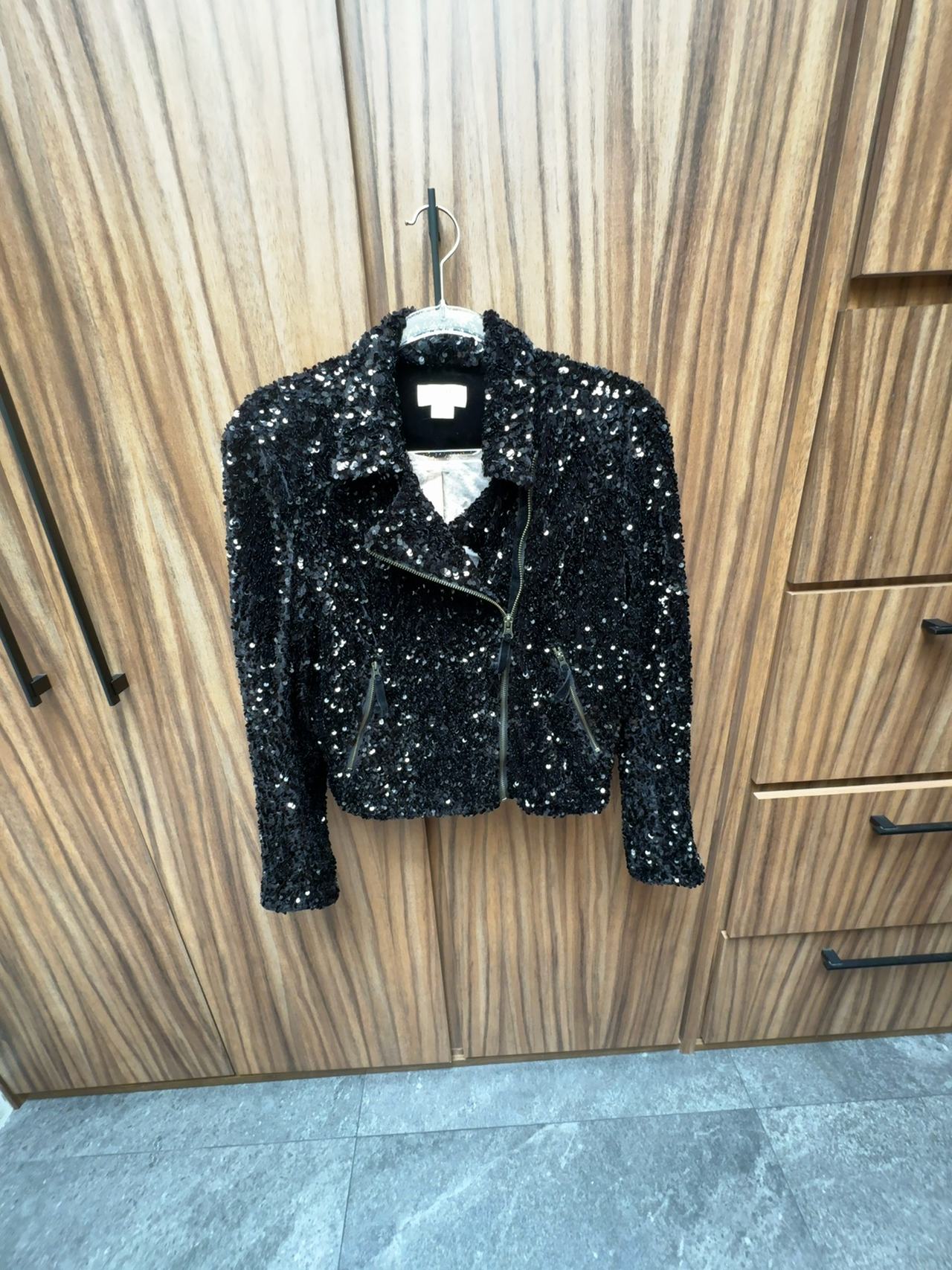 Maeve by Anthropologie Malia Black Sequined Moto Jacket