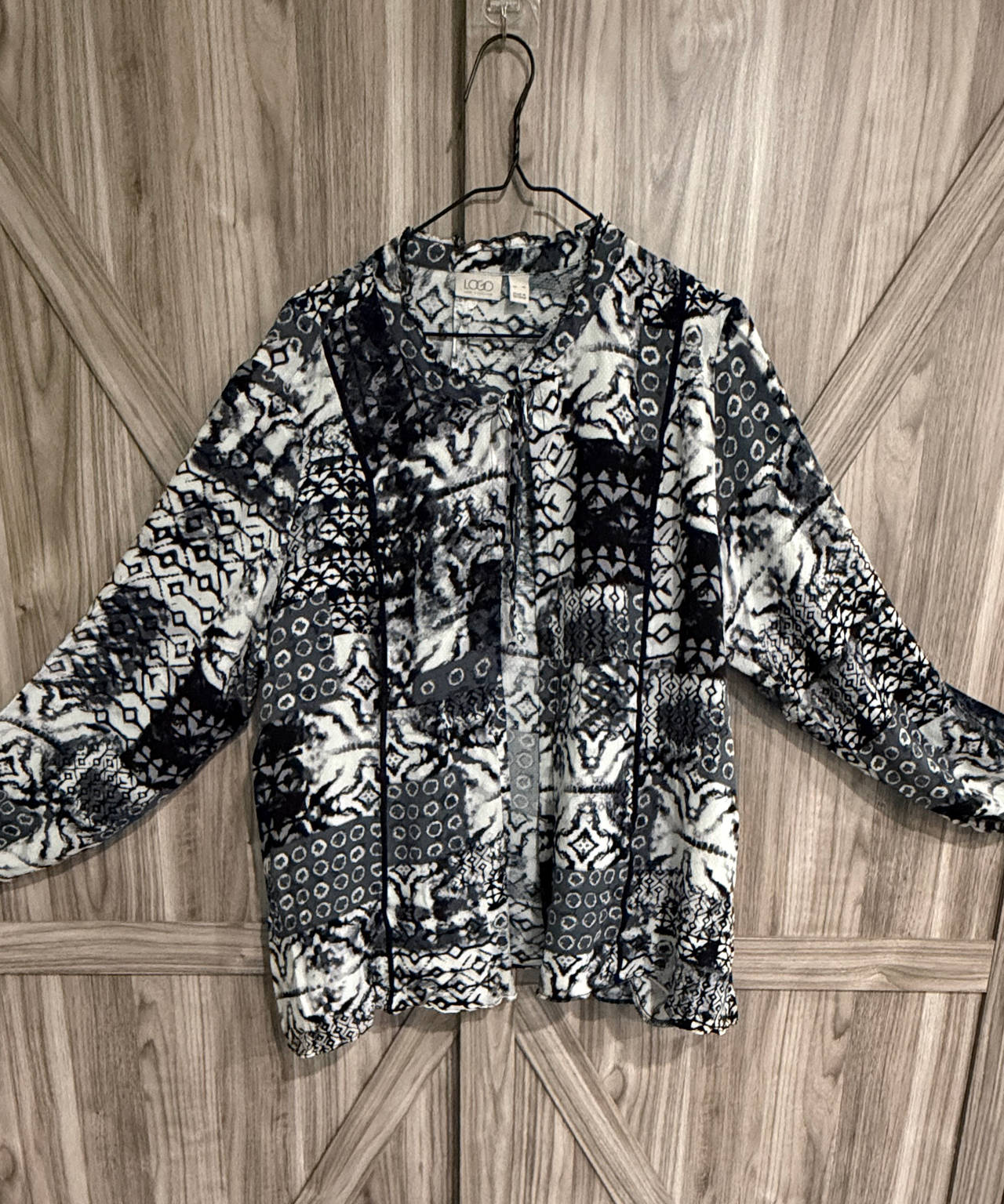 LOGO by Lori Goldstein Patchwork Print Cardigan XL business casual