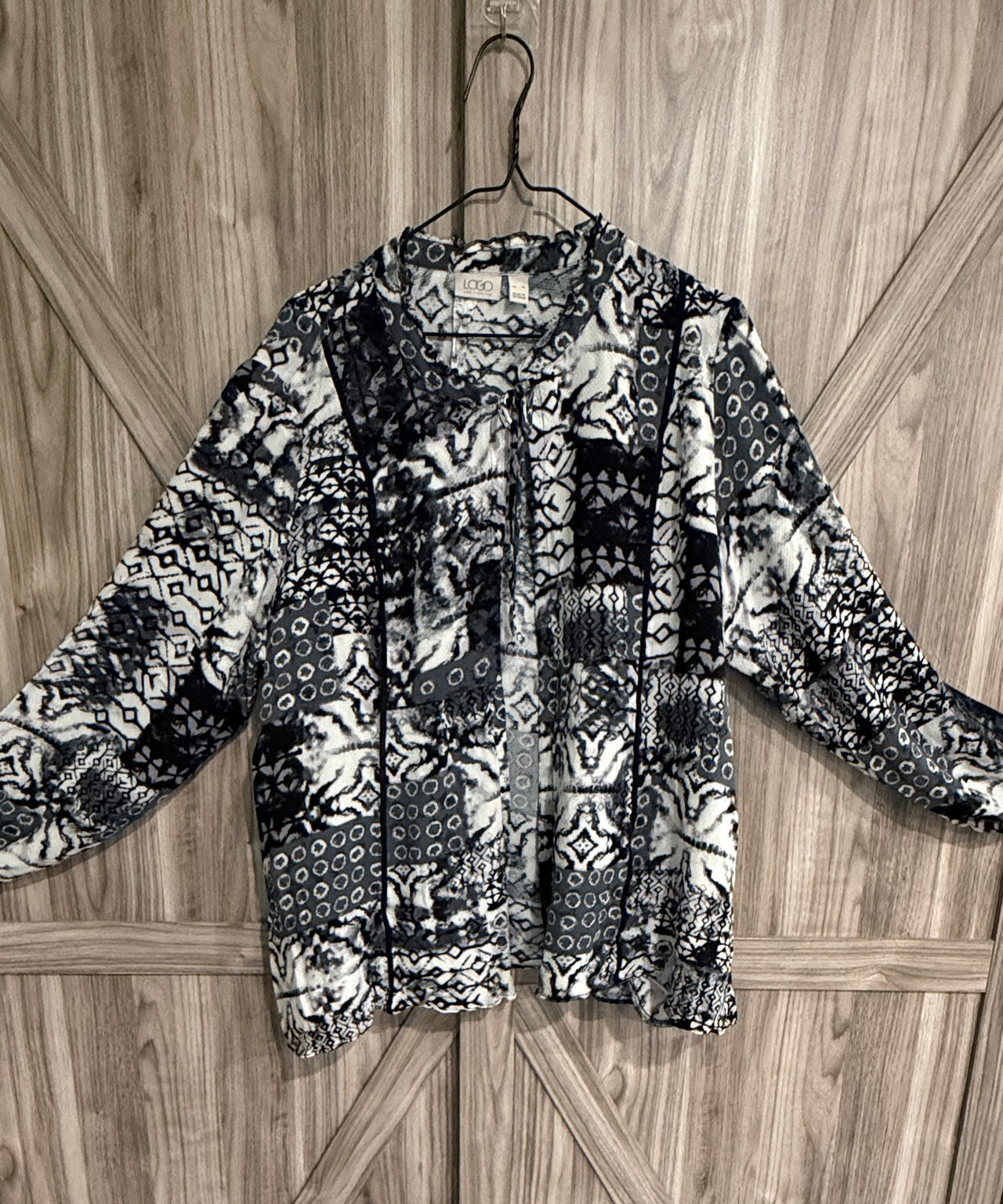 LOGO by Lori Goldstein Patchwork Print Cardigan XL business casual
