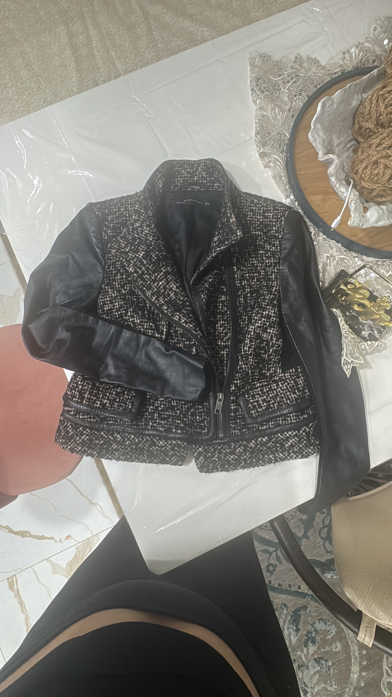 Tweed and Faux Leather Moto Jacket