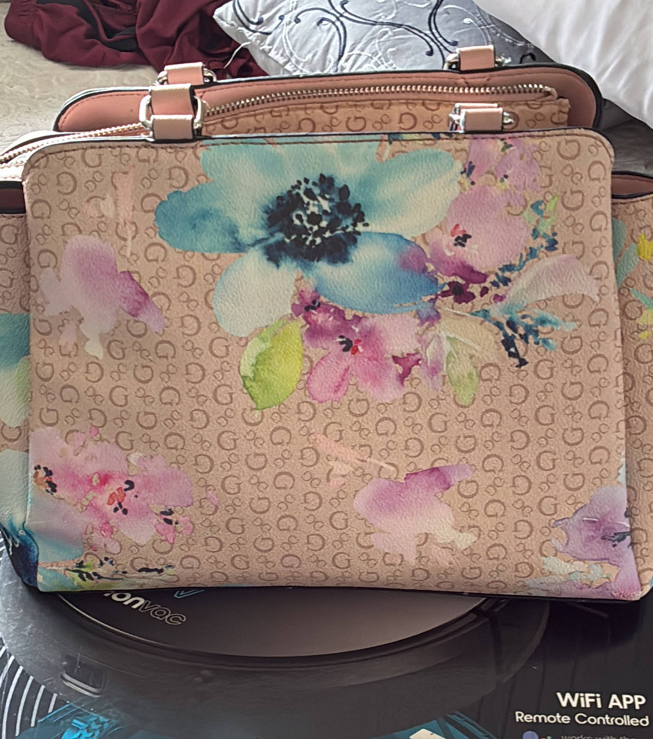 GUESS Floral Logo Print Satchel Bag