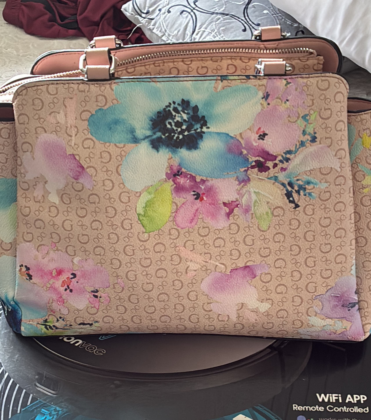 GUESS Floral Logo Print Satchel Bag