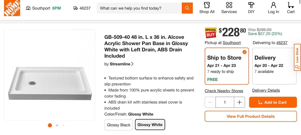 Brand New Streamline GB-509-40 48 in. x 36 in. Alcove Acrylic Shower Pan Base