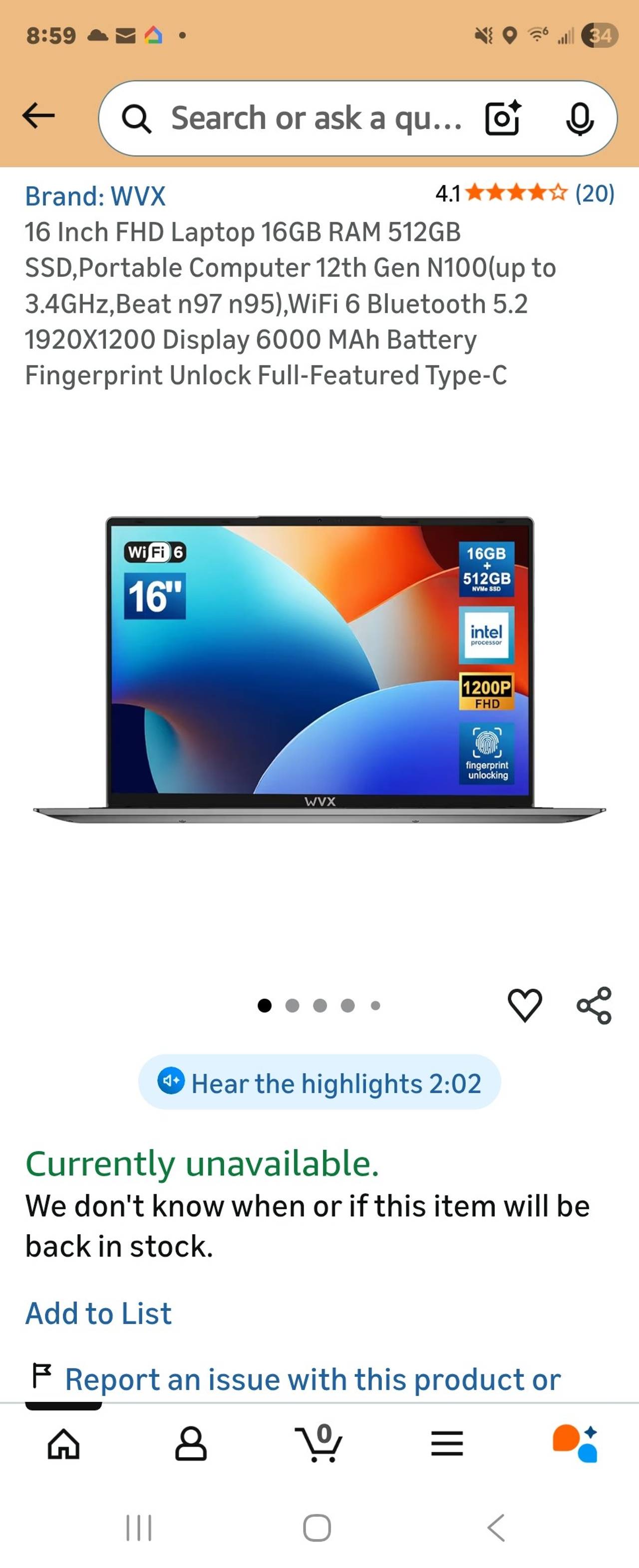 WVX 16 Inch FHD Laptop 16GB RAM 512GB SSD