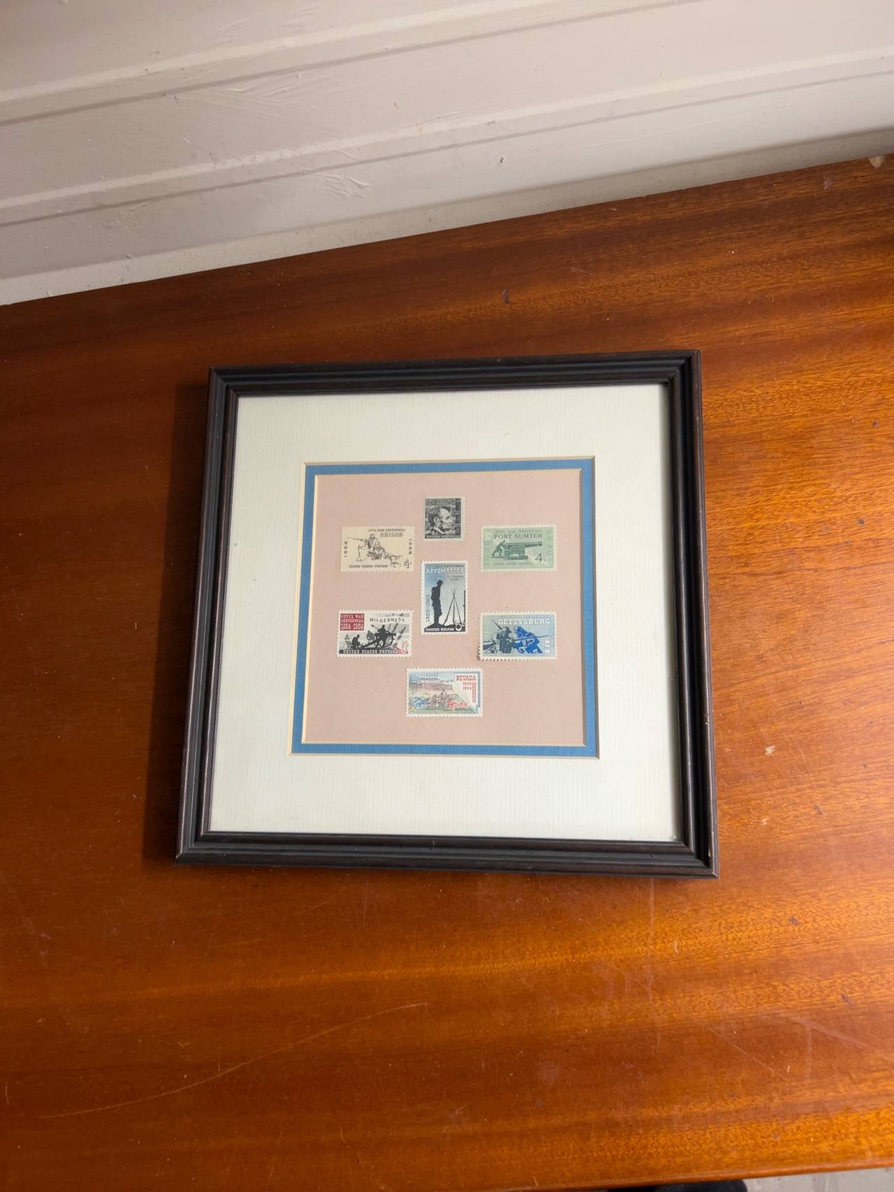 Vintage USPS Civil War Centennial Stamp Enamel Pin Set in Wood Frame