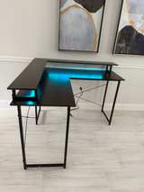 Modern L-Shaped Computer Desk Monitor Shelf LED Lights Built-In Power Outlet - Image 5