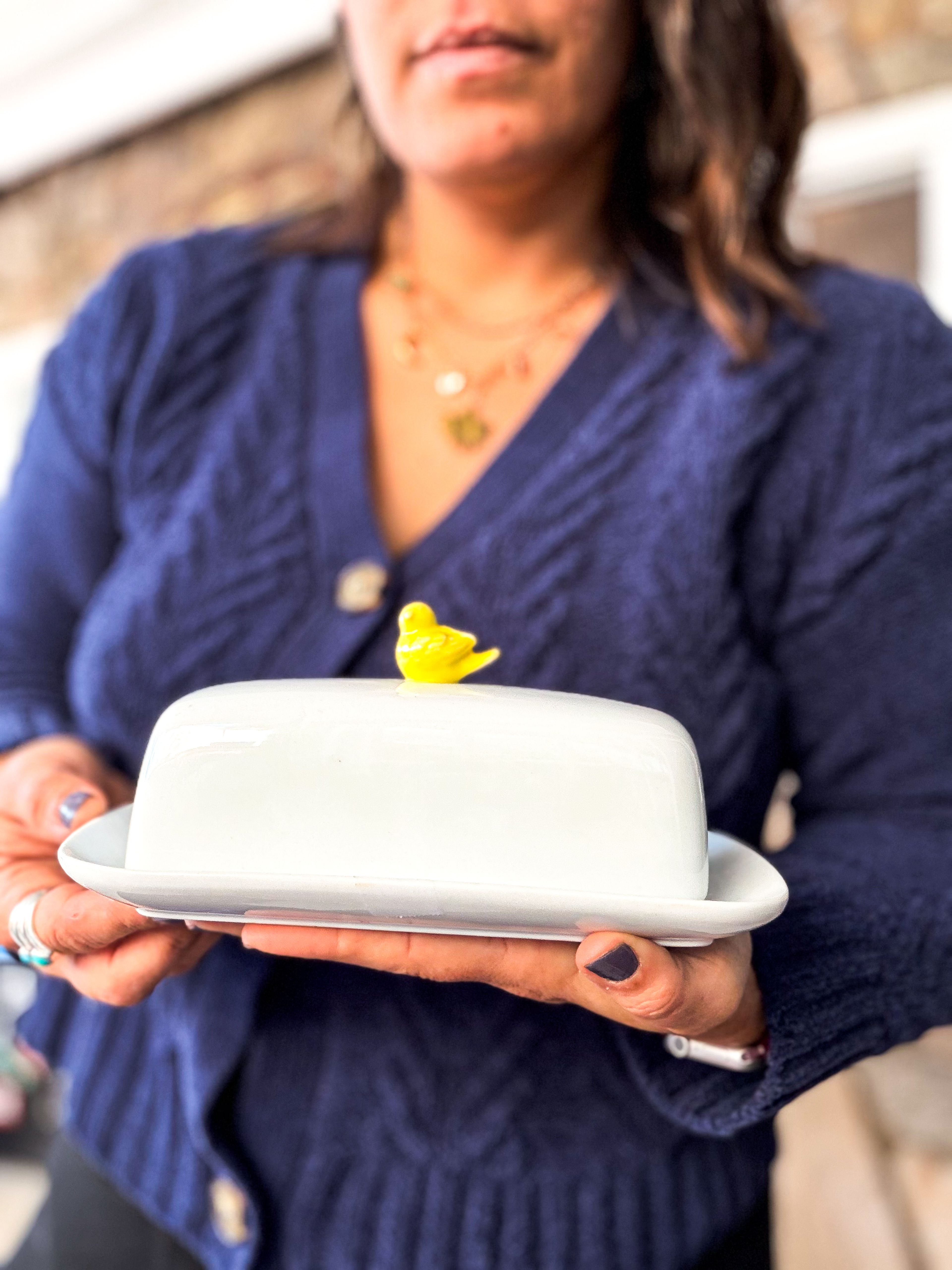 Vintage White Ceramic Butter Dish with Yellow Chick Knob