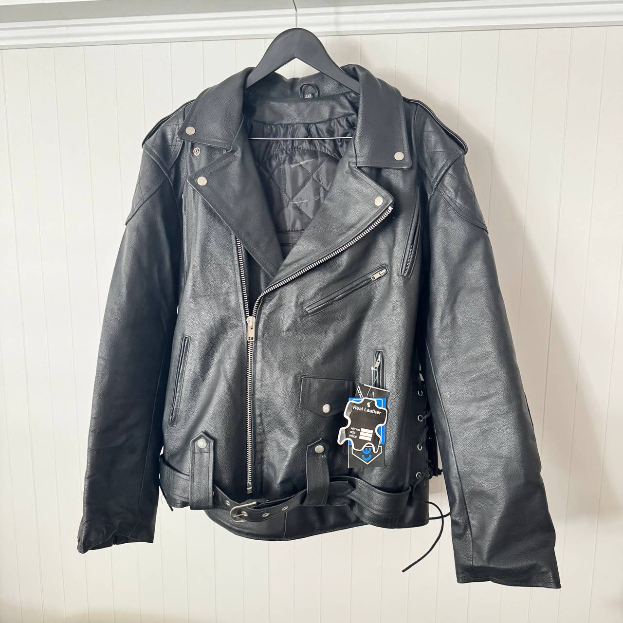 Men's Real Leather Biker Jacket with Belt and Side Laces - 4XL