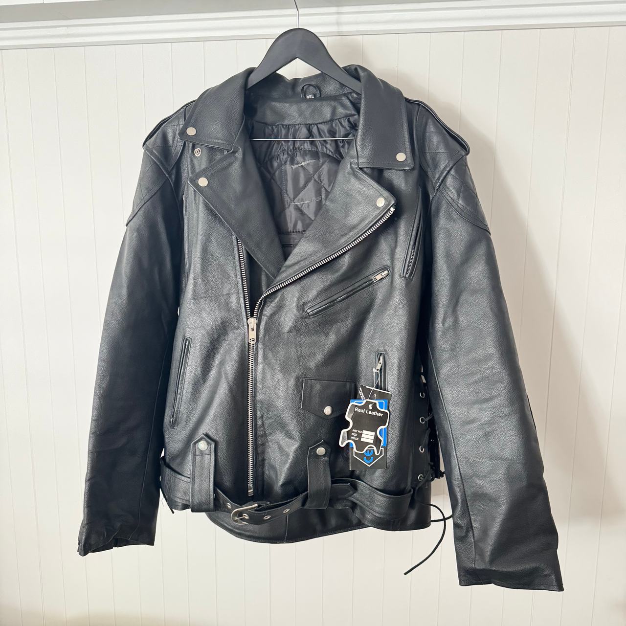 Men's Real Leather Biker Jacket with Belt and Side Laces - 4XL