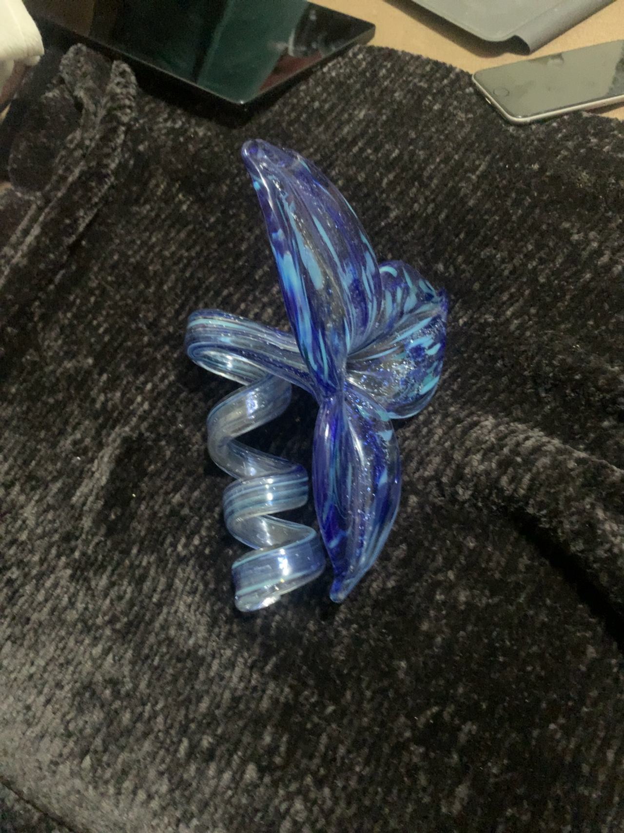 Murano Glass Blue Glitter Six Petal Flower Twist 5.5"