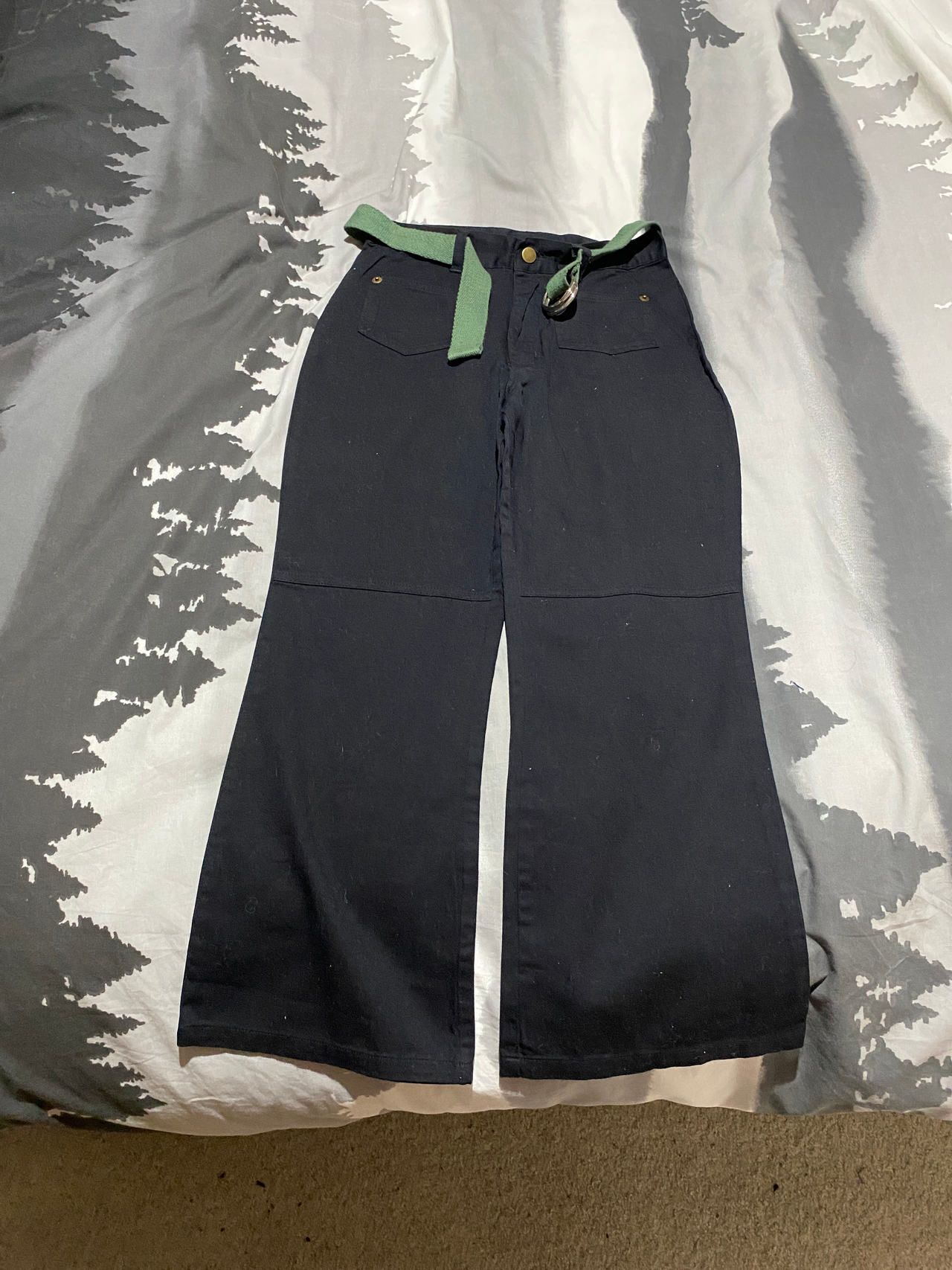 Wide Leg Black Pants with Green Belt
