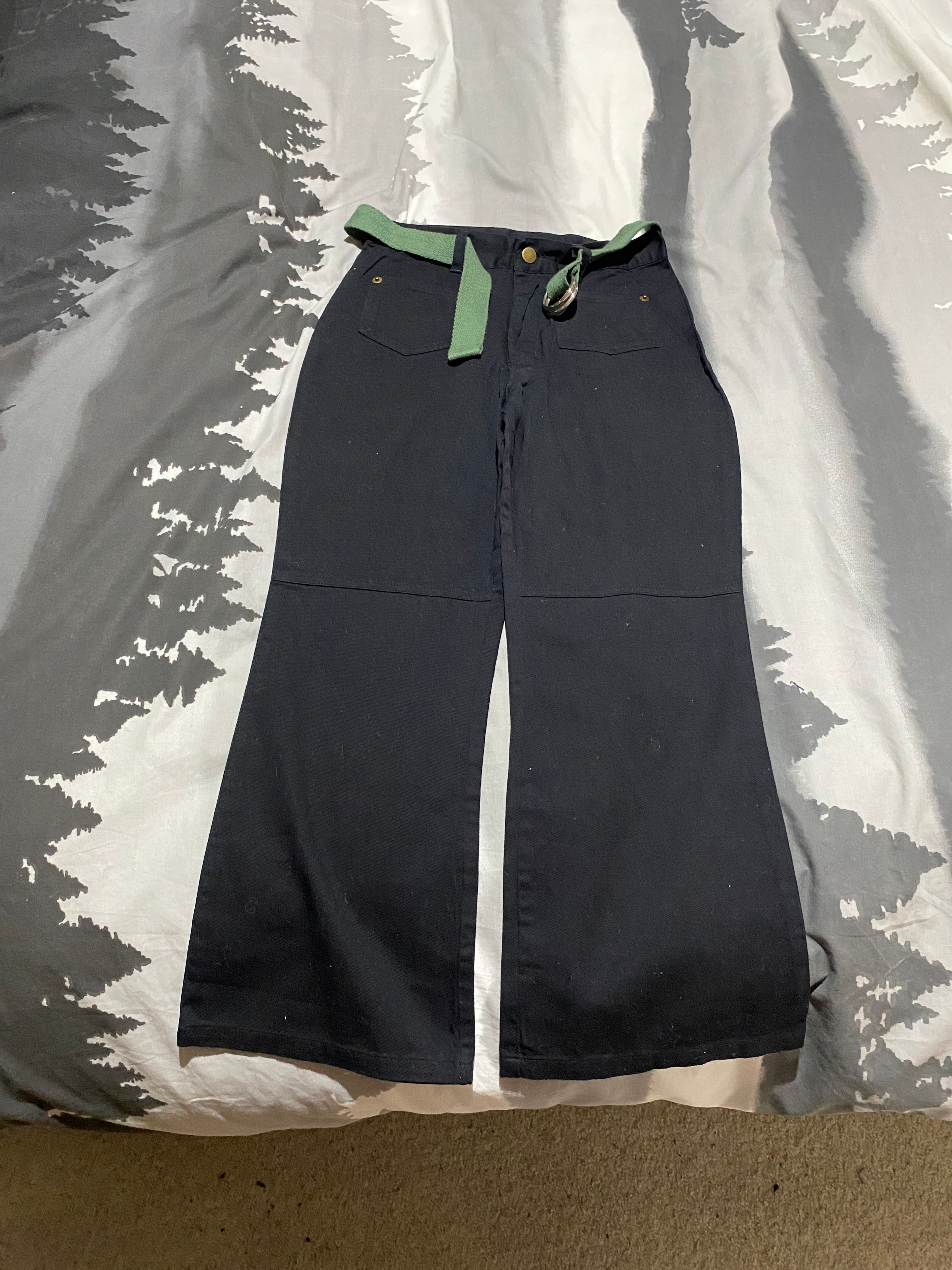 Wide Leg Black Pants with Green Belt