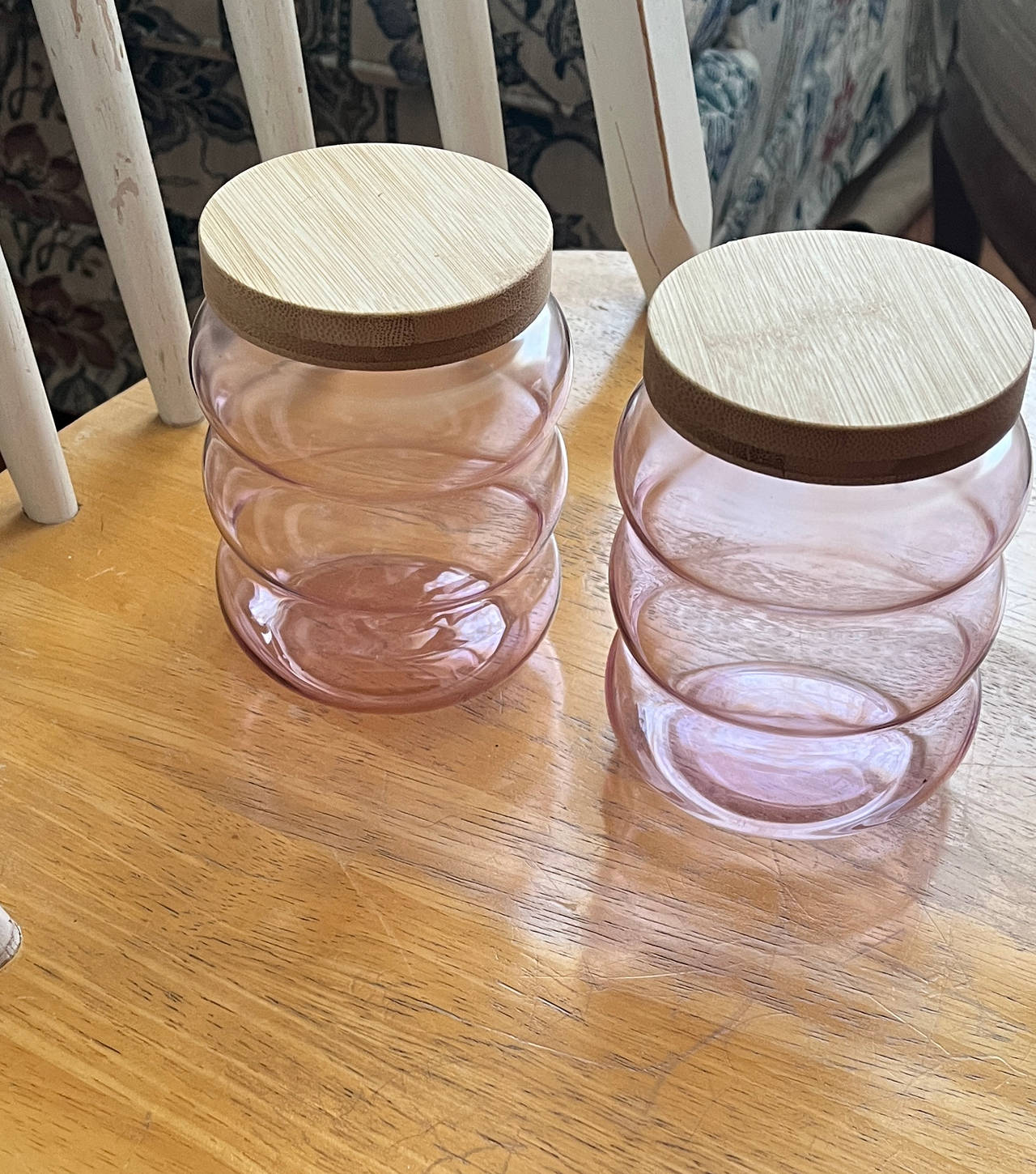 Pink Ribbed Glass Canisters with Bamboo Lids