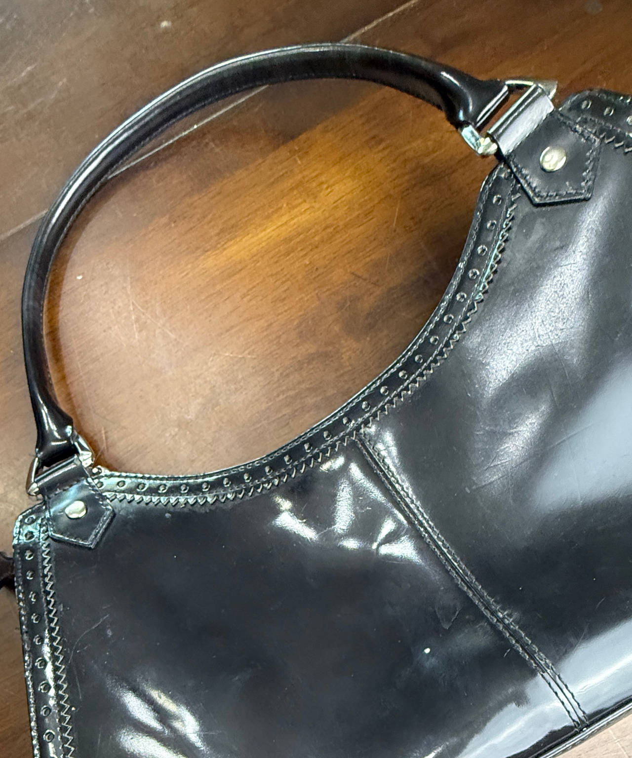 Y2K Via Spiga Black Patent Leather Brogue Shoulder Bag