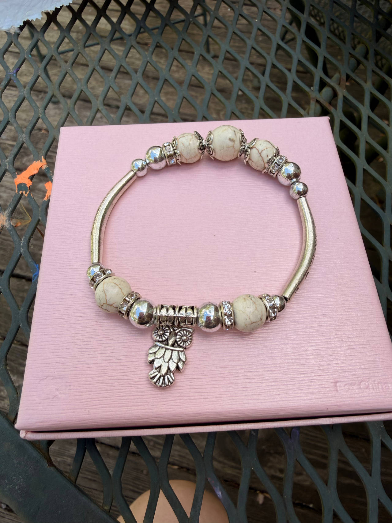 Owl Charm Beaded Stretch Bracelet with Howlite Style Beads