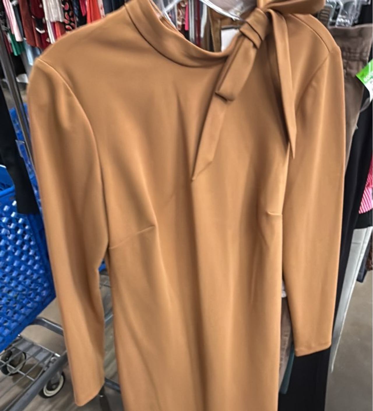 Camel Tie Neck Long Sleeve Dress