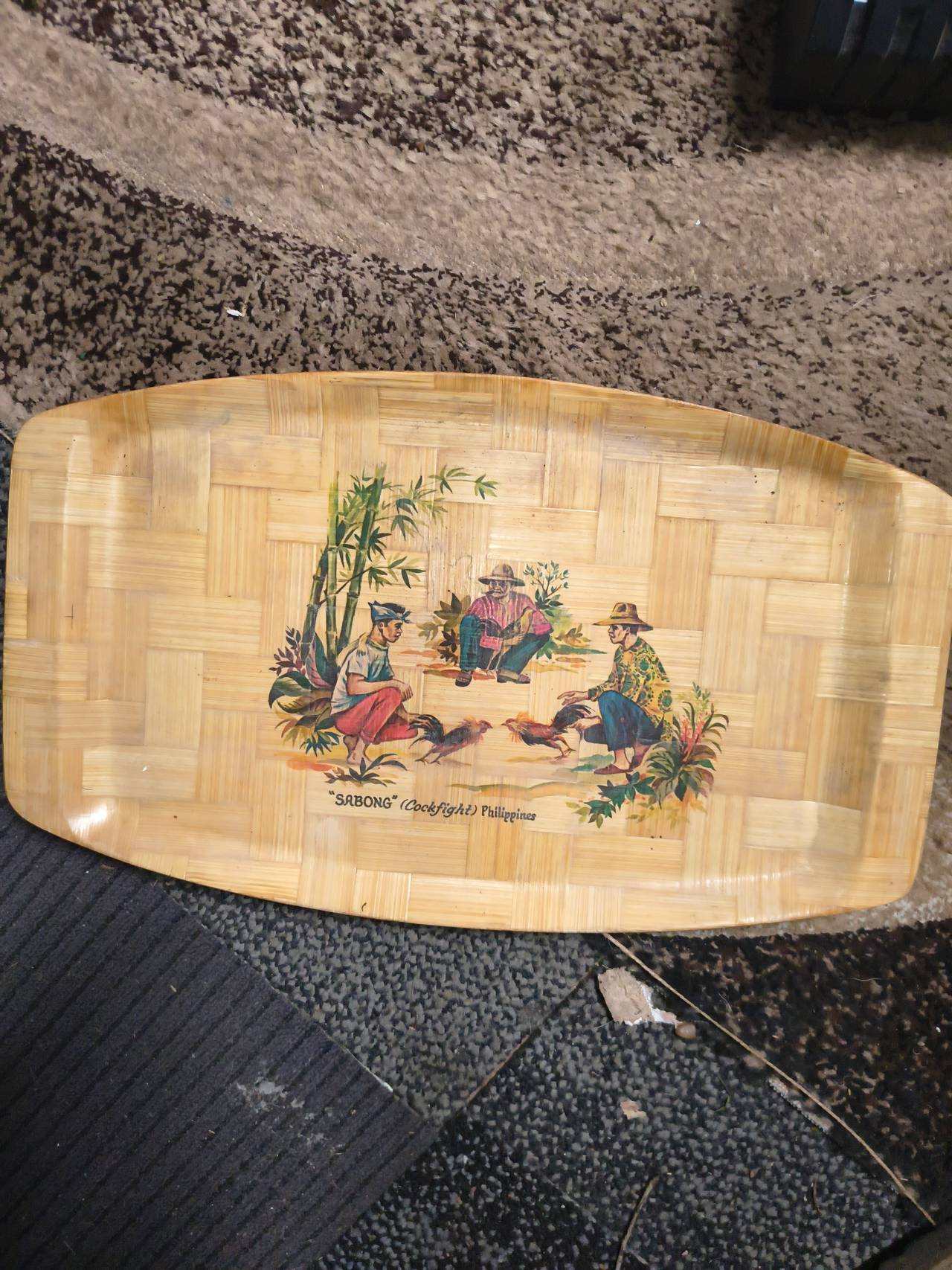 Vintage Philippines Sabong Cockfight Woven Bamboo Tray