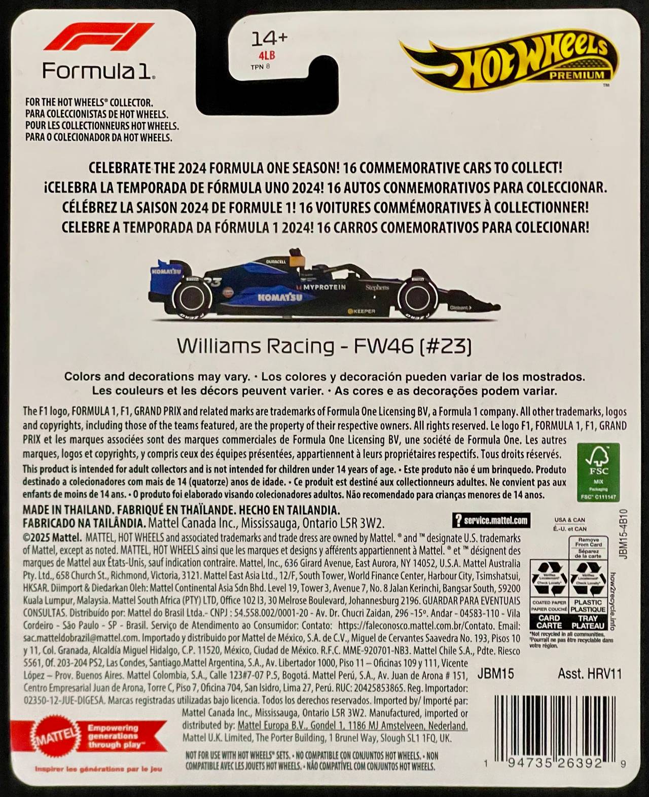 Hot Wheels Premium Formula 1 2024 Williams Racing FW46
