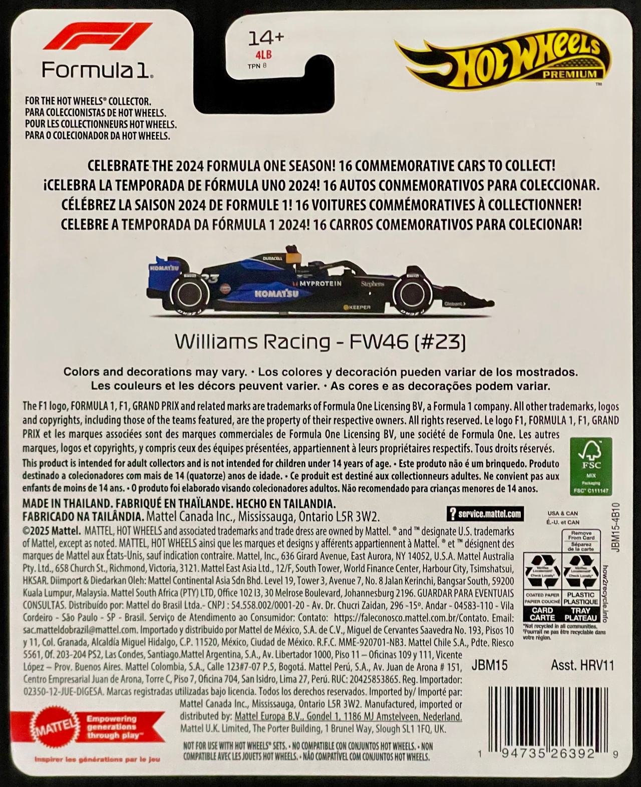 Hot Wheels Premium Formula 1 2024 Williams Racing FW46
