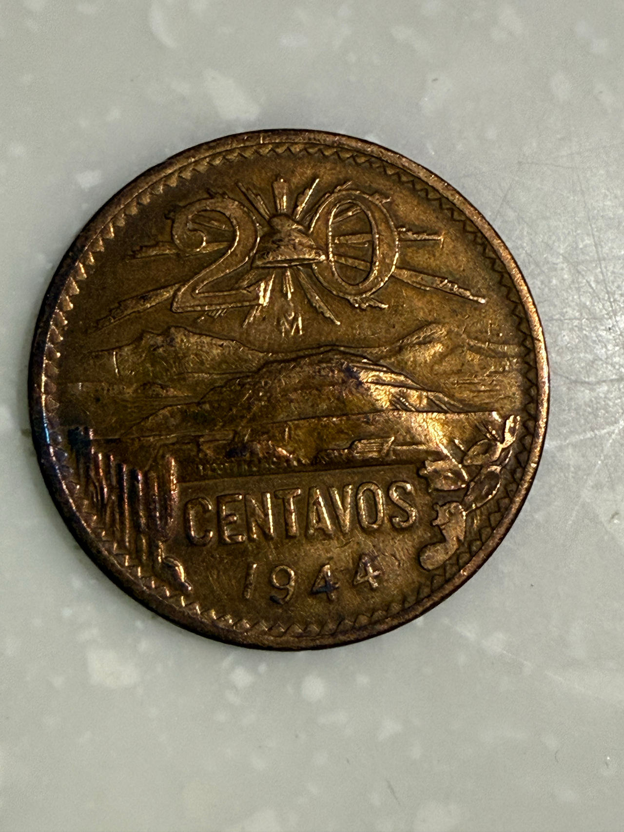 1944 Mexico 20 Centavos Bronze Coin E8