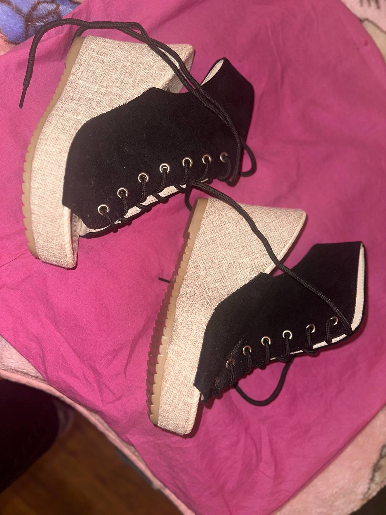 Black Lace-Up Platform Wedge Sandals