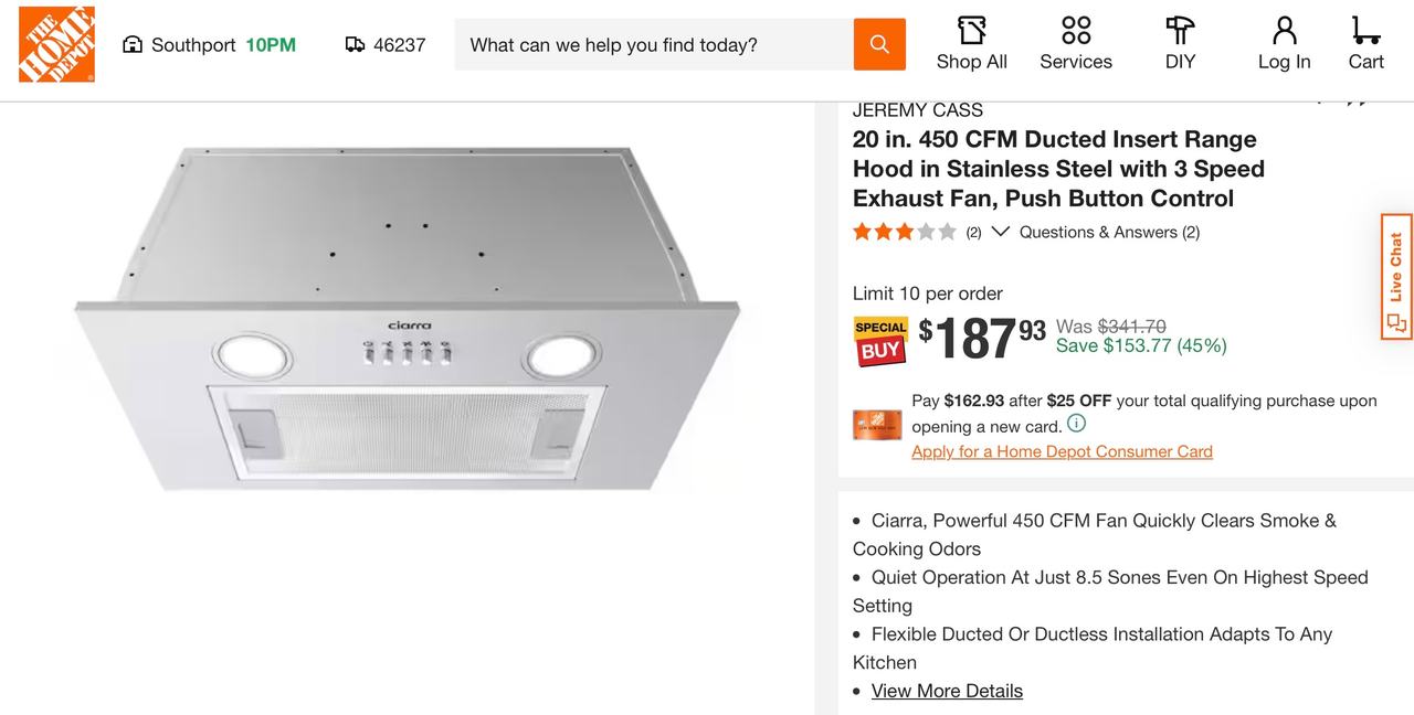 Ciarra 20 in. 450 CFM Ducted Insert Range Hood in Stainless Steel - Brand New