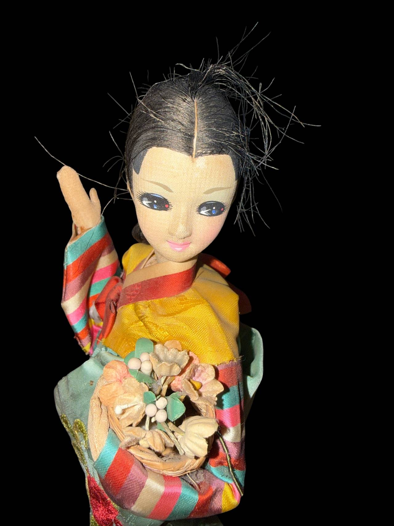 Vintage Korean Silk Hanbok Doll with Flower Basket