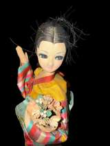 Vintage Korean Silk Hanbok Doll with Flower Basket - Image 1