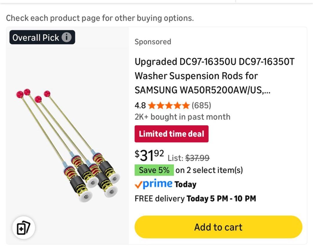 Samsung Washer Suspension Rod Kit for Top Load Washers