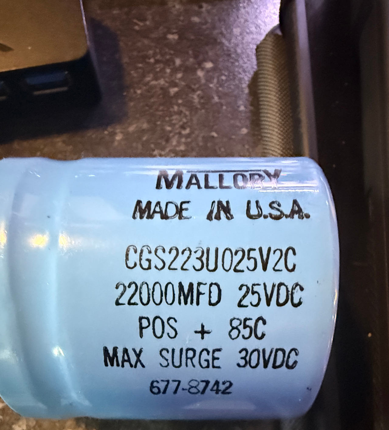 Mallory CGS 22000MFD 25VDC Aluminum Electrolytic Capacitor