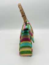 Multicolor Woven Straw Clutch Bamboo Handle Gold Chain Crossbody Purse - Image 5