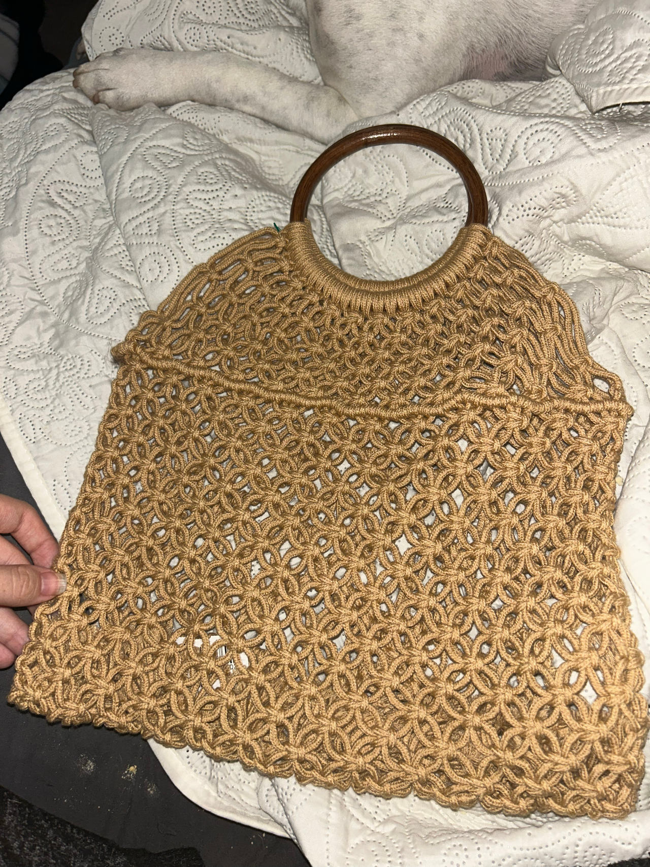 Woven bohemian macrame satchel bag.