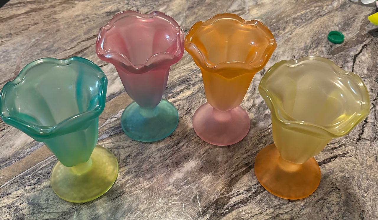 MID CENTURY MODERN FROSTED GLASS PASTEL PARFAIT TULIP DESSERT CUPS - SET OF 4