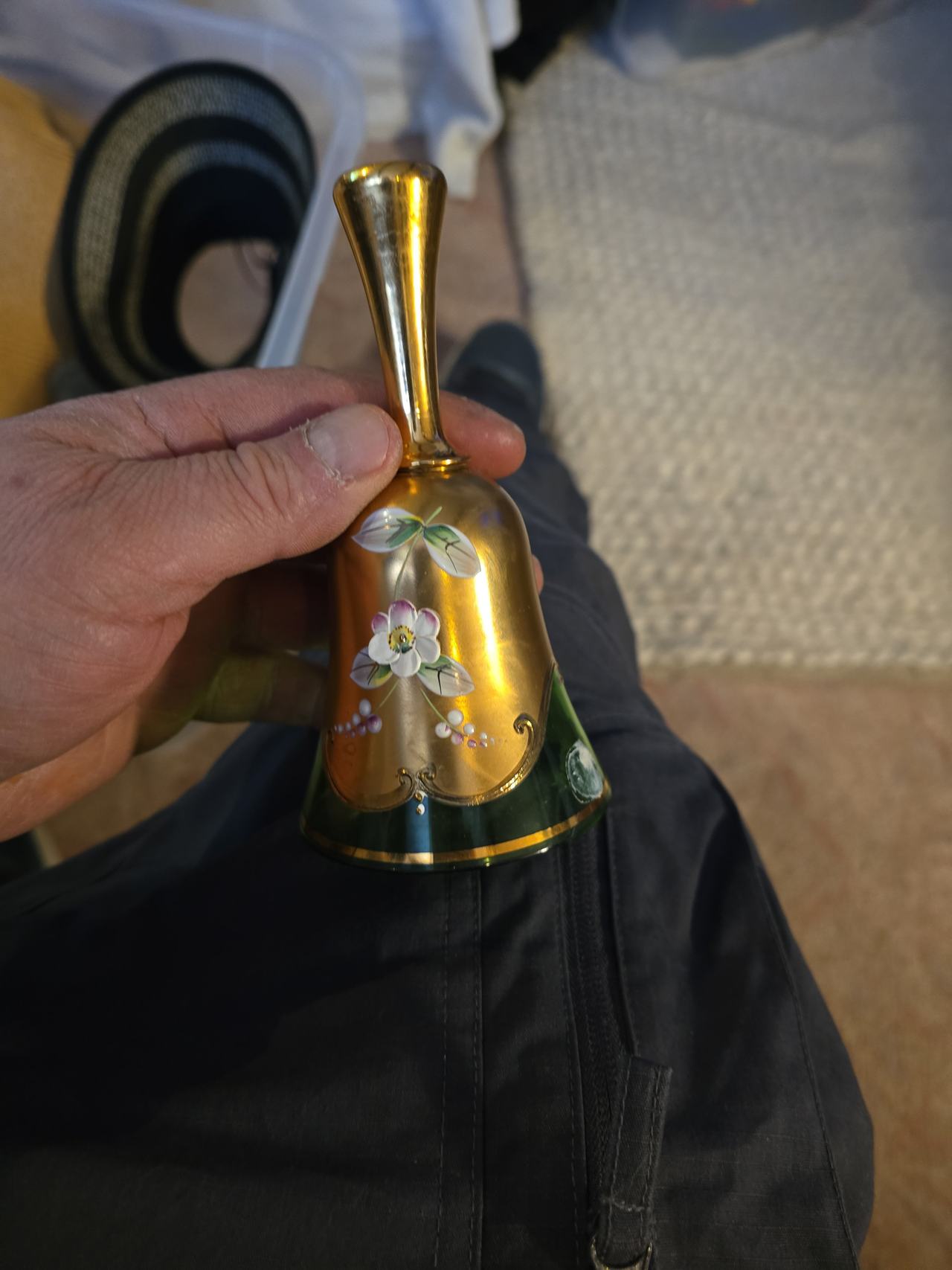 Vintage Bohemian Emerald Green Gold Gilt Glass Bell