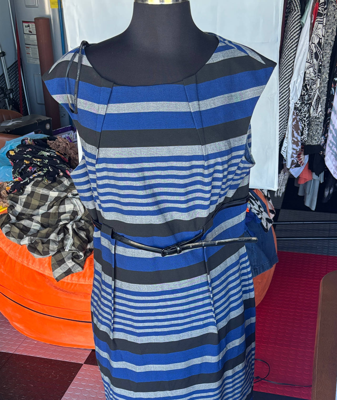 Calvin Klein Sleeveless Striped Belted Dress