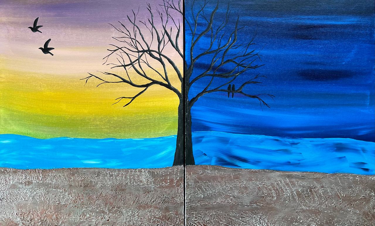 Day and Night Tree Diptych Canvas Painting