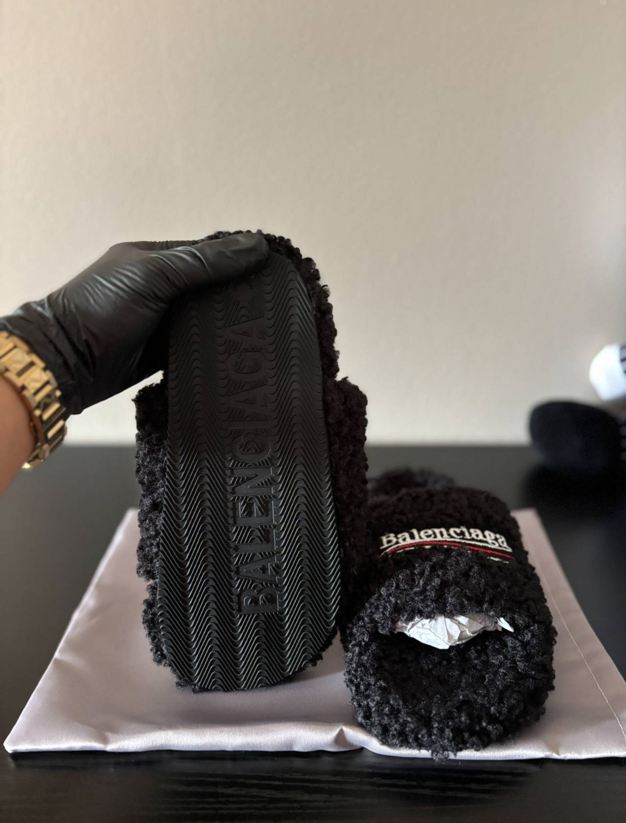 Balenciaga Faux Shearling Slides