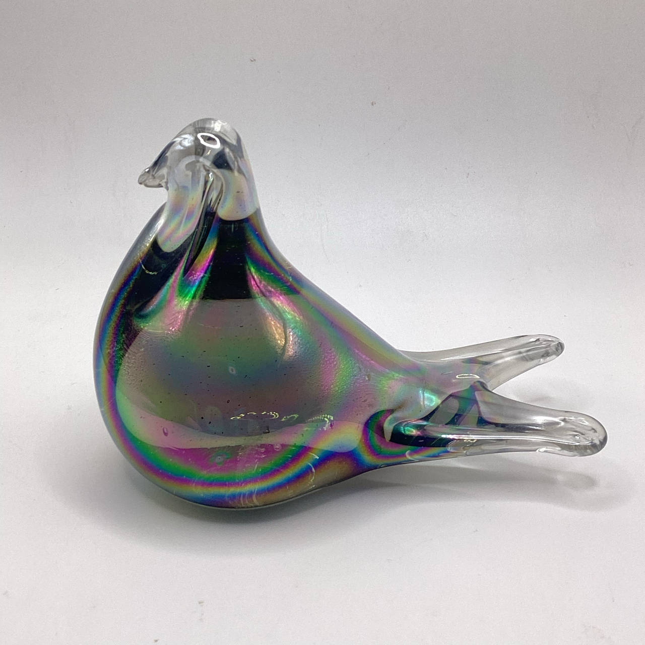 Iridescent Oil Slick Blown Glass Bird Paperweight Figurine