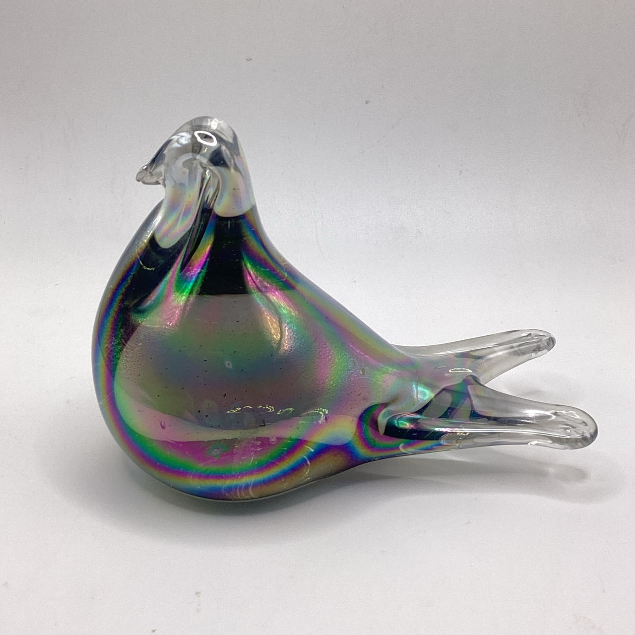 Iridescent Oil Slick Blown Glass Bird Paperweight Figurine