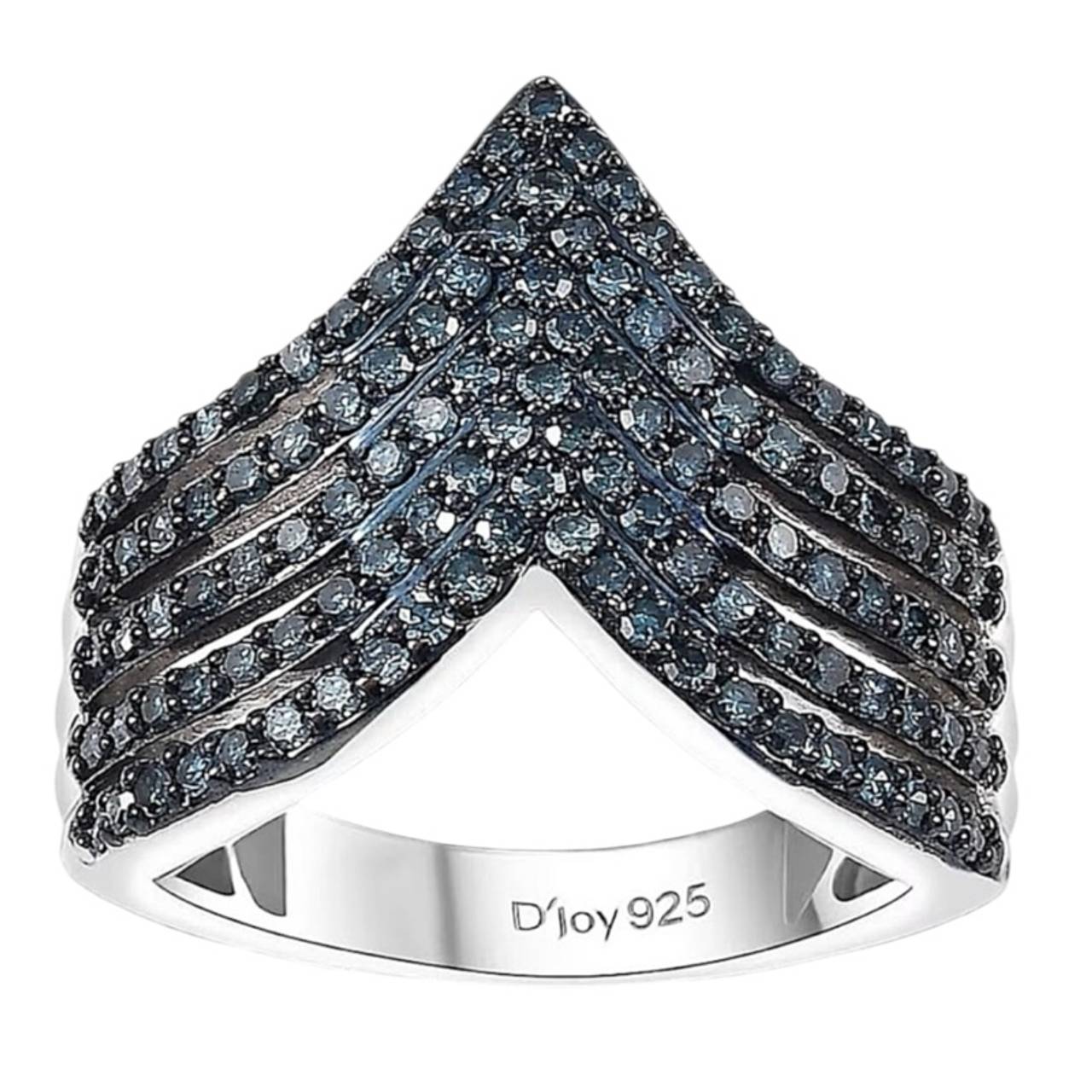 D'Joy Blue Diamond Chevron Ring in Rhodium Plated Sterling Silver New Size 7