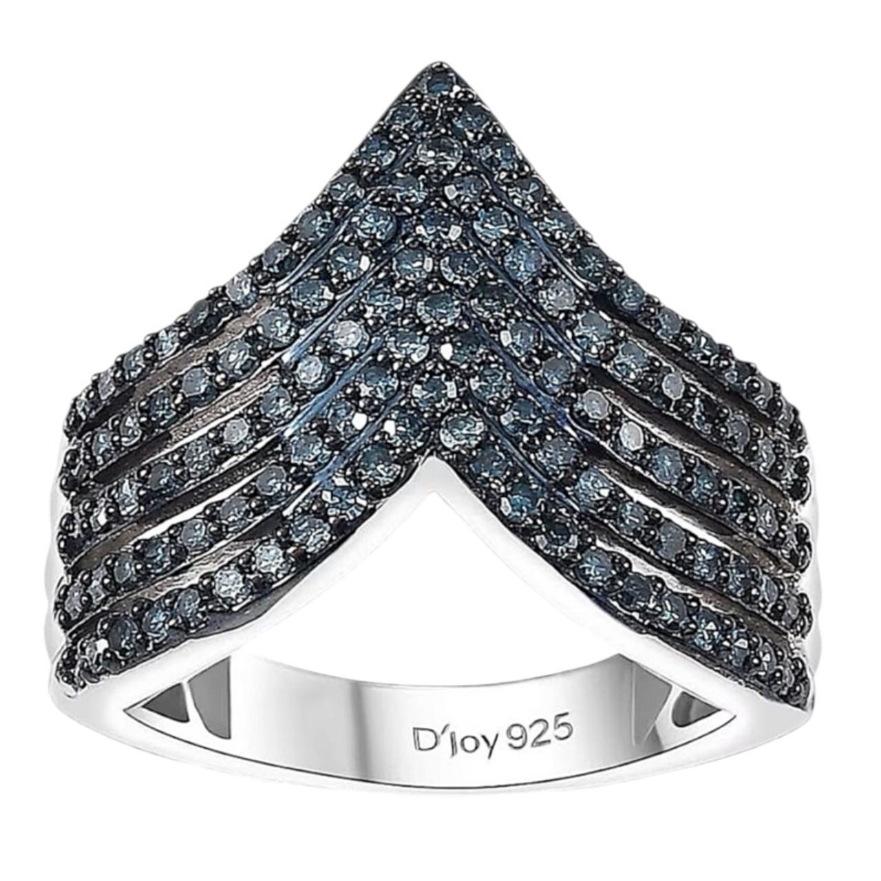 D'Joy Blue Diamond Chevron Ring in Rhodium Plated Sterling Silver New Size 7