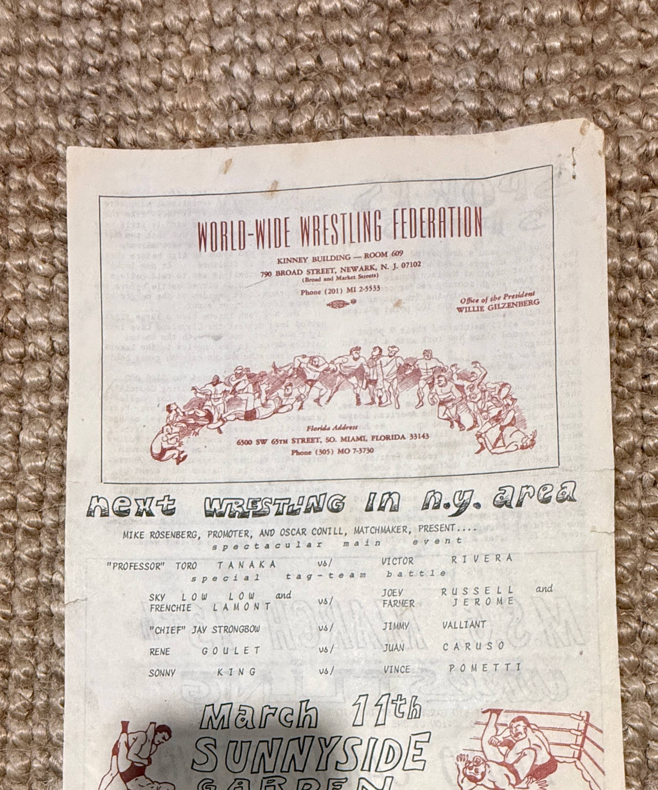 Vintage WWWF Sunnyside Garden Wrestling Program Flyer