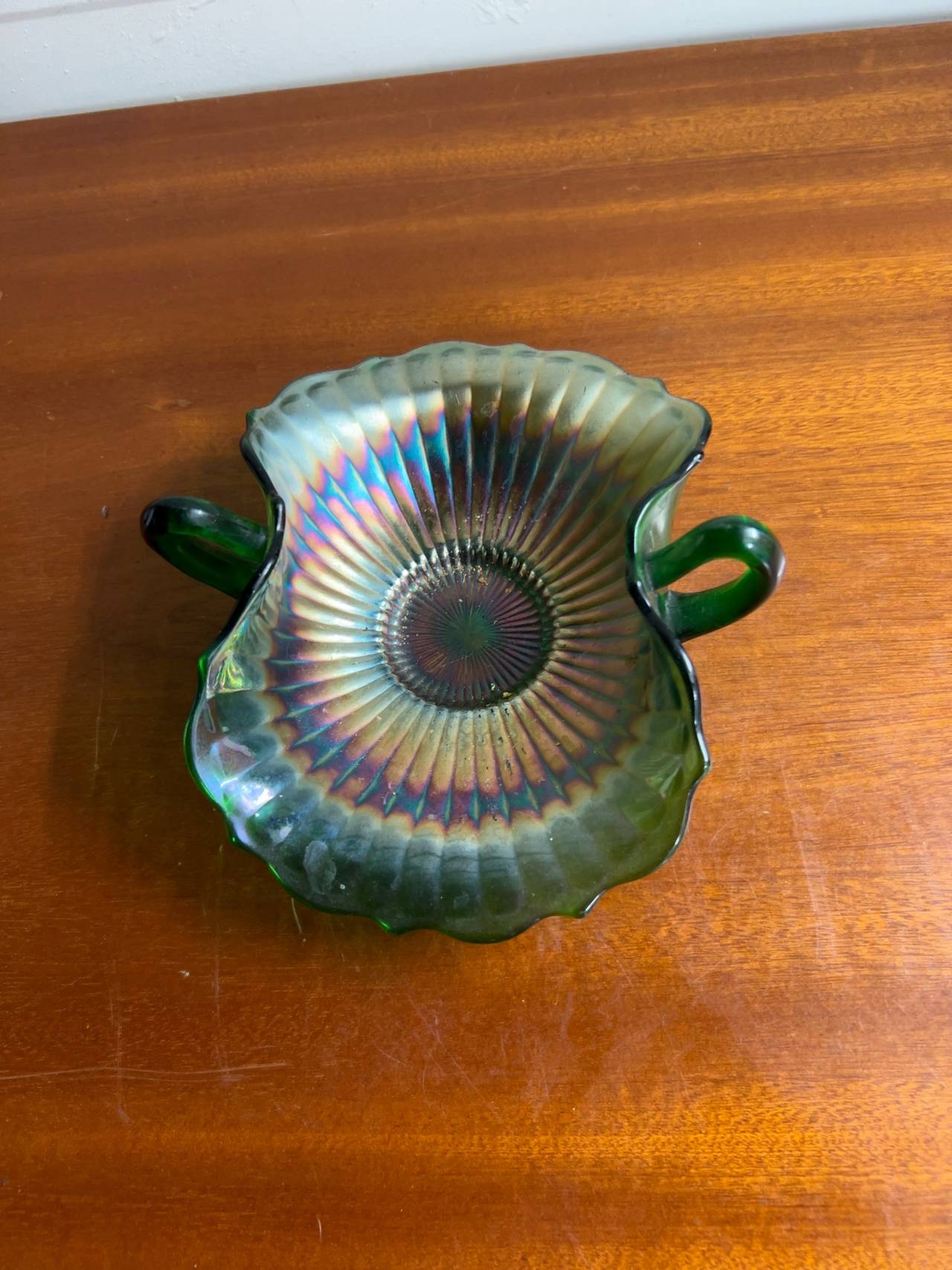 Fenton Green Carnival Glass Double Handled Bon Bon Dish