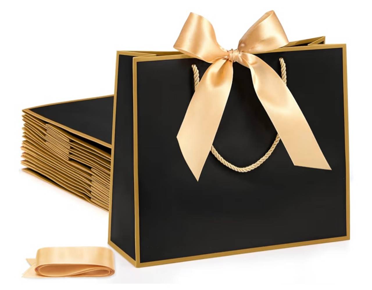 Silkfly 8Pcs Thank You Gift Bags 12x10x4'' Black with Bow Ribbon, with Handle
