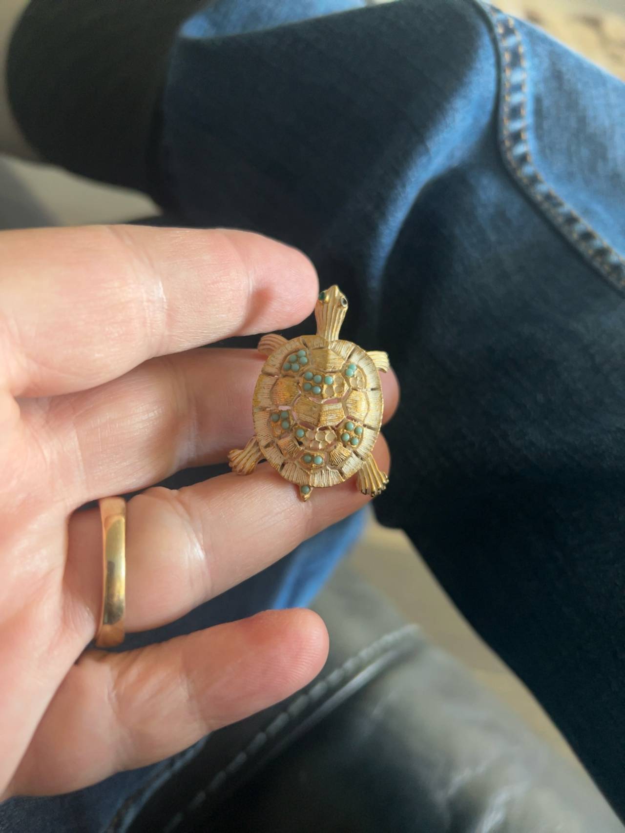 Vintage Gold Tone Rhinestone Turtle Brooch