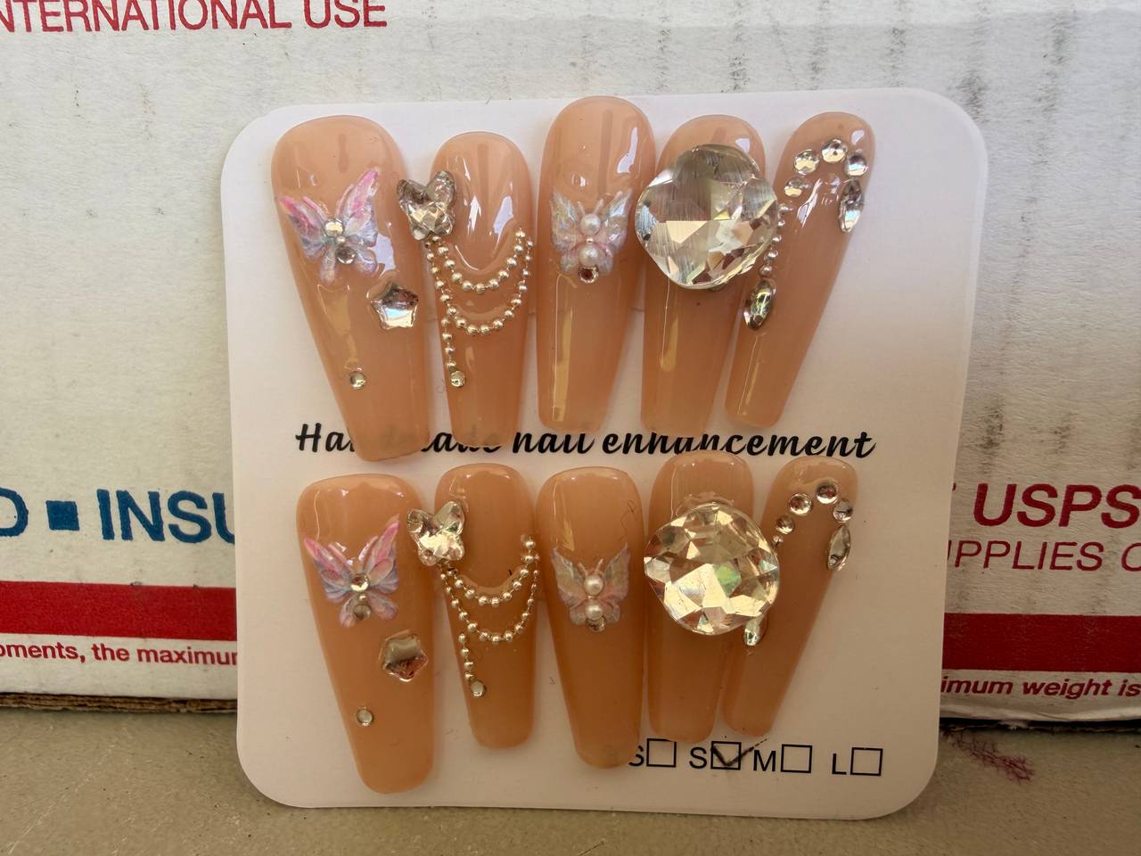 Handmade Butterfly Rhinestone Press On Nails